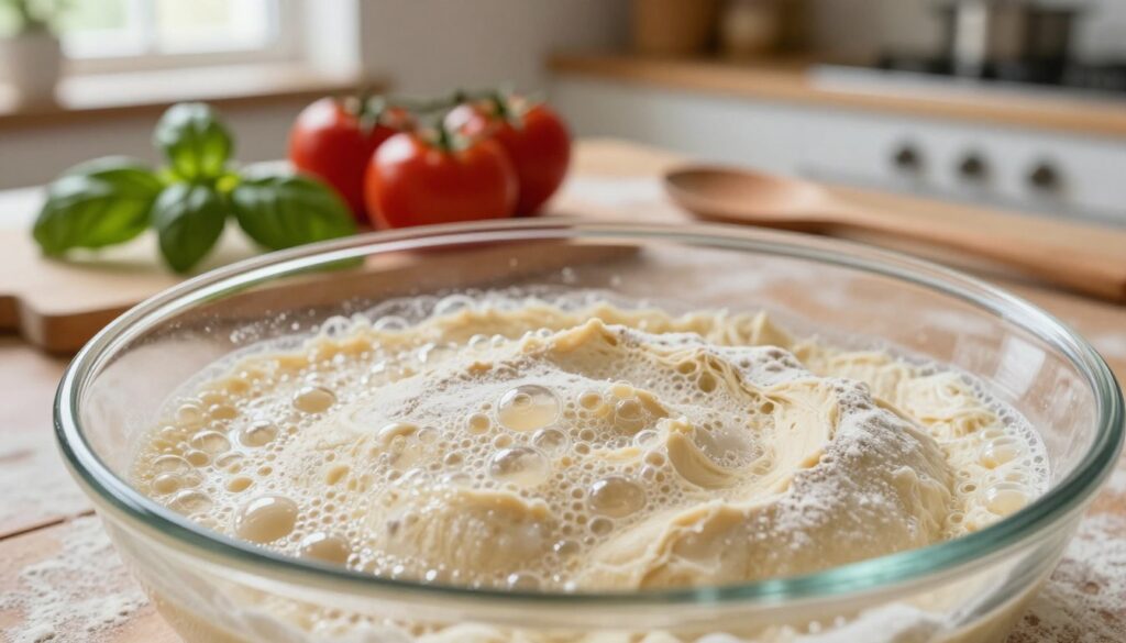 A close-up view of a pizza dough fermenting in a glass bowl, capturing the bubbly, airy texture of the leavening process. The foreground features the dough, dusted with a light coating of flour, its surface glistening slightly under soft, warm lighting. In the middle ground, ingredients for pizza, like fresh basil, tomatoes, and a wooden spoon, are artfully arranged to hint at the end goal. The background shows a rustic kitchen with a wooden table and natural light streaming through a window, creating an inviting atmosphere. Use a shallow depth of field to emphasize the dough and ingredients, evoking a sense of warmth and anticipation, highlighting the importance of fermentation in achieving perfect pizza.