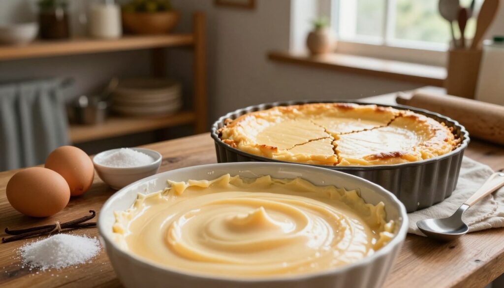 A close-up view of a rich, creamy cheese mass for cheesecake, presented in a beautifully rustic kitchen setting. In the foreground, a smooth, pale yellow cheese mixture is held in a mixing bowl, with a few scattered ingredients like eggs, sugar, and vanilla around it, hinting at common mistakes in proportions. The middle ground features an unbaked cheesecake in a round springform pan, with cracks visible on its surface, conveying the theme of why cheesecakes crack. The background showcases warm wooden shelves filled with baking tools and fresh ingredients, softly illuminated by natural light streaming through a nearby window. The overall atmosphere is inviting and homely, suggesting a domestic baking environment where mistakes can happen.