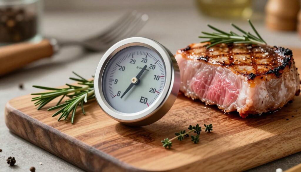 A close-up view of a sleek, modern meat thermometer digitally displayed to show the ideal internal temperature for cooking meat, emphasizing its precise measurement features. The thermometer is set against a rustic wooden cutting board, surrounded by fresh herbs like rosemary and thyme, and a beautifully seared pork tenderloin, slightly pink in the center, hinting at perfect doneness. Soft, warm lighting creates a cozy kitchen atmosphere, highlighting the texture of the meat and the polished surface of the thermometer. The background features a blurred kitchen setting with cooking utensils and spices, adding depth while keeping the focus on the thermometer and meat. The angle is slightly above the cutting board, providing an intimate, inviting view that captures the essence of cooking perfection.