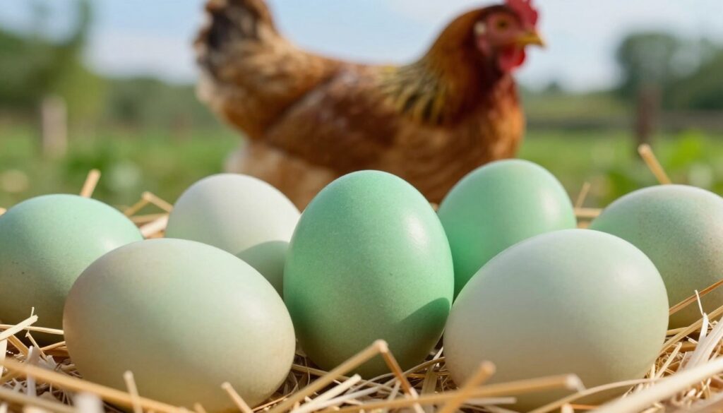 A close-up view of a variety of naturally green eggs, showcasing different shades and textures of green shells. The foreground features a few eggs nestled in soft straw, reflecting natural light, with delicate shadows casting off the shells. In the middle, a vibrant chicken, possibly of an egg-laying breed known for producing green eggs, stands proudly, adding a sense of life and relevance to the scene. The background includes a blurred farm setting, with hints of lush greenery and a bright blue sky. The overall atmosphere feels warm and inviting, illustrating the unique beauty of green eggs while emphasizing the natural process behind their coloration. The lighting is soft and diffused, enhancing the organic feel of the image.