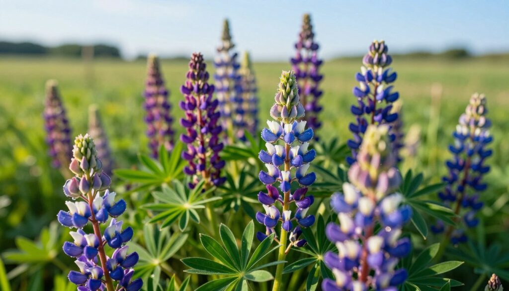 A close-up view of a vibrant cluster of sweet lupin flowers, showcasing their distinctive blue, purple, and white hues against a lush green backdrop. In the foreground, focus on a few blossoms with dew drops glistening in the morning light, conveying freshness and vitality. The middle ground features verdant leaves, highlighting the plant’s natural habitat. In the background, a softly blurred landscape of a sunny field extends to a clear blue sky, evoking a serene and peaceful atmosphere. Use soft, natural lighting to accentuate the details of the petals and leaves, captured from a slightly elevated angle to provide depth. The image should feel inviting and informative, perfect for illustrating the edibility and allure of this unique plant variety.