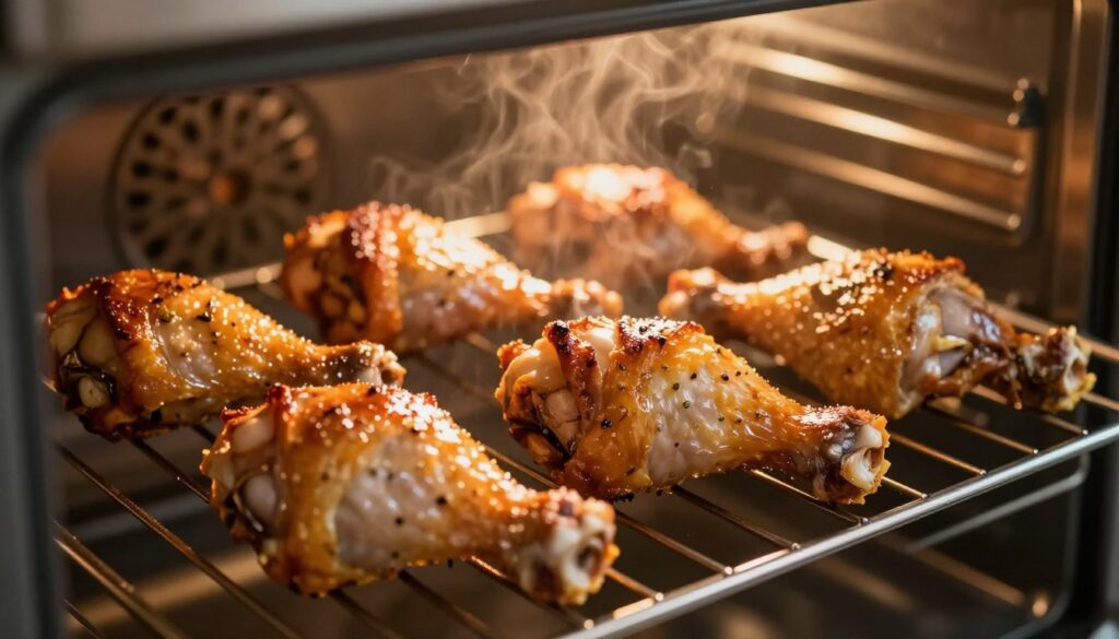 A close-up view of chicken drumsticks being roasted on a metal oven rack, showcasing their golden-brown, crispy skin. The foreground features the drumsticks glistening with a glaze, with small bits of herbs and spices visible on their surface. In the middle, the oven's interior is softly illuminated by warm, inviting lighting, highlighting the texture of the meat and the shiny rack it rests on. The background shows the blurred outlines of the oven door and the kitchen environment, suggesting a homey atmosphere. The angle is slightly elevated, focusing on the action of roasting, with steam rising subtly, creating a cozy, appetizing mood.