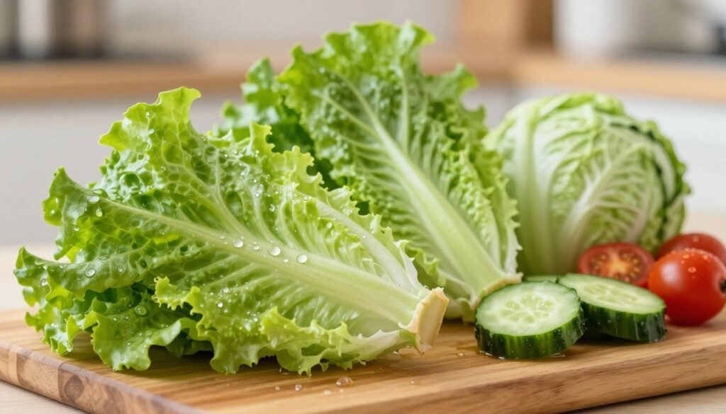 A close-up view of fresh green lettuce varieties, including butterhead, romaine, and iceberg, arranged artistically on a wooden cutting board. In the foreground, droplets of water glisten on the crisp lettuce leaves, emphasizing their freshness and hydration properties. In the middle ground, some sliced cucumbers and cherry tomatoes add vibrant color, highlighting their complementary nature in a healthy diet. The background features a softly blurred kitchen setting with warm, natural lighting that creates a welcoming atmosphere. Use a shallow depth of field to focus on the lettuce while softly fading out the background. The overall mood is vibrant, fresh, and health-oriented, reflecting the nutritional benefits of lettuce on immunity, heart health, and digestion.