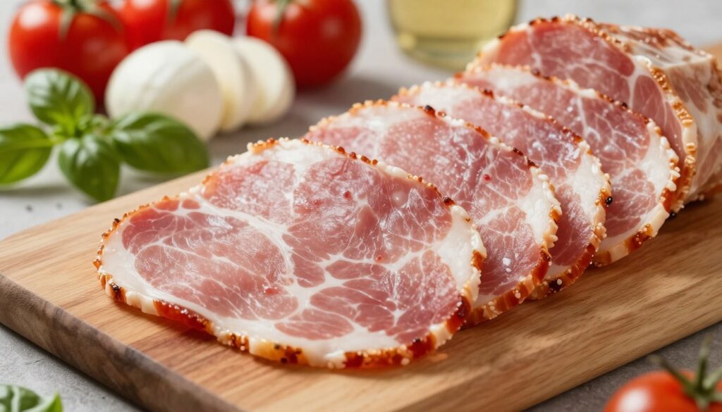 A close-up view of freshly sliced ham arranged elegantly on a wooden cutting board, showcasing the rich texture and color of high-quality pizza ham. The ham pieces glisten under soft, natural lighting, highlighting their juicy, succulent appearance. In the background, a rustic kitchen setting conveys warmth, with an assortment of pizza ingredients like fresh tomatoes, mozzarella cheese, and basil leaves artfully placed. The scene is captured from a slight overhead angle, inviting viewers to appreciate the vibrant colors and details of both the ham and the surrounding ingredients. The overall atmosphere is inviting and appetizing, perfect for a culinary article about selecting ham for pizza.