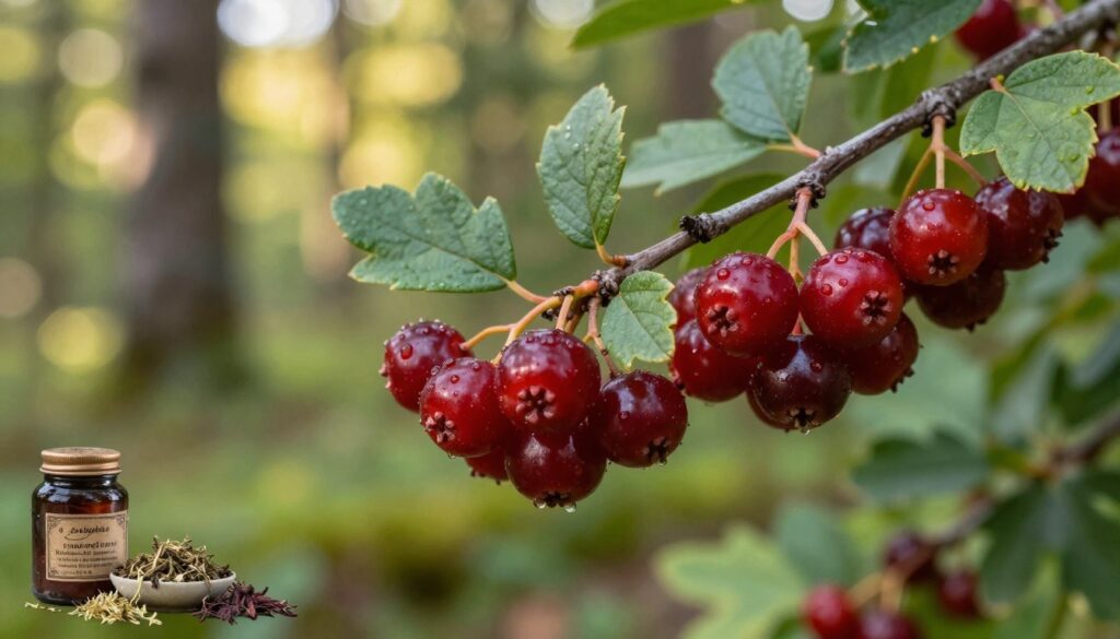 A close-up view of ripe черемша fruits (chokeberries) on a delicate branch, showcasing their rich, dark red coloration and glossy texture. The branch should be surrounded by lush, green leaves to highlight the natural environment. In the background, depict a serene forest scene with soft, dappled sunlight filtering through the trees, creating a warm and inviting atmosphere. Light should capture the freshness of the fruits, emphasizing their juiciness and potential health benefits. Include subtle details of traditional herbal remedies in the corner, such as a vintage jar and dried herbs, to evoke the cultural aspect associated with the chokeberry in history. The composition should feel vibrant and educational, inviting viewers to explore the nutritional properties of these fruits. A close-up view of ripe черемша fruits (chokeberries) on a delicate branch, showcasing their rich, dark red coloration and glossy texture. The branch should be surrounded by lush, green leaves to highlight the natural environment. In the background, depict a serene forest scene with soft, dappled sunlight filtering through the trees, creating a warm and inviting atmosphere. Light should capture the freshness of the fruits, emphasizing their juiciness and potential health benefits. Include subtle details of traditional herbal remedies in the corner, such as a vintage jar and dried herbs, to evoke the cultural aspect associated with the chokeberry in history. The composition should feel vibrant and educational, inviting viewers to explore the nutritional properties of these fruits.