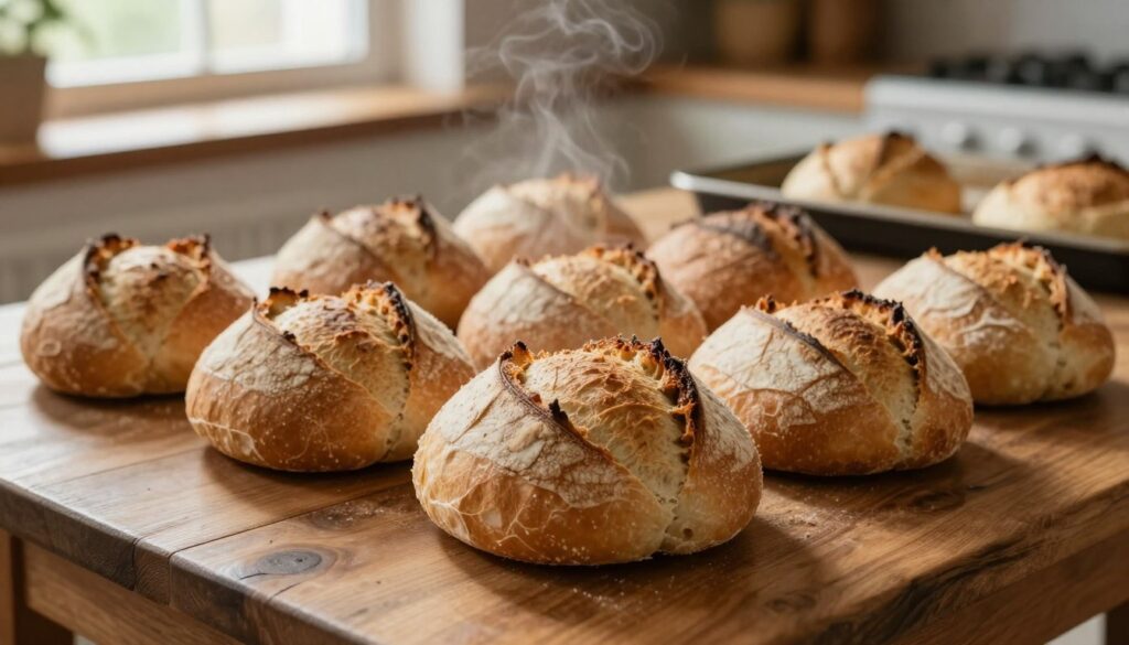 A close-up view of slightly stale bread rolls on a rustic wooden table, showcasing their dry, crusty exterior. The rolls are arranged artfully, capturing their variations in color and texture, emphasizing the contrast between the crispy crust and the softer, slightly cracked surfaces. In the background, a cozy kitchen setting is visible with warm, natural light filtering in through a window, creating a welcoming atmosphere. A baking tray with a hint of steam rising from it indicates a process of refreshing the rolls in the oven. The focus is sharp on the bread, with a blurred background to convey the warmth and comfort of home baking. The image should evoke a sense of nostalgia and hunger, highlighting the relationship between moisture and freshness.