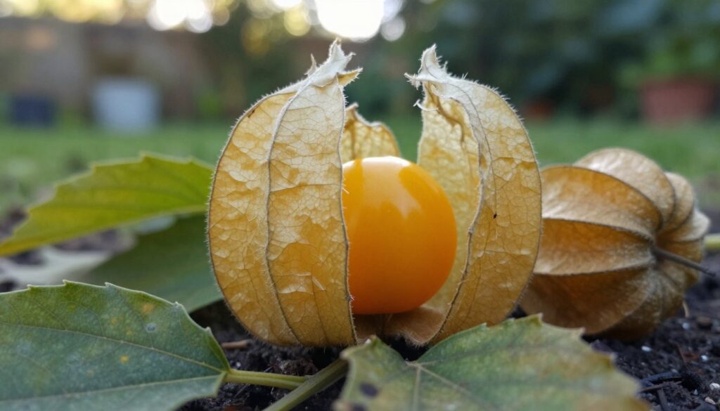 A close-up view of toxic Physalis fruit, showcasing their vibrant yellow-orange color, glossy surface, and distinctive paper lantern-like husks. Surround the fruit with wilted or slightly damaged leaves to indicate their non-edibility, contrasting with the healthy fruit. In the background, depict a blurred garden setting with hints of greenery to emphasize an outdoor environment. The lighting should be soft and diffused, mimicking late afternoon sunlight filtering through leaves, creating gentle shadows and highlights on the fruit. The overall atmosphere conveys caution and awareness, reflecting the potential dangers of consuming the fruit. Capture the scene from a low angle to give prominence to the Physalis, evoking a sense of importance and urgency regarding toxicity symptoms.
