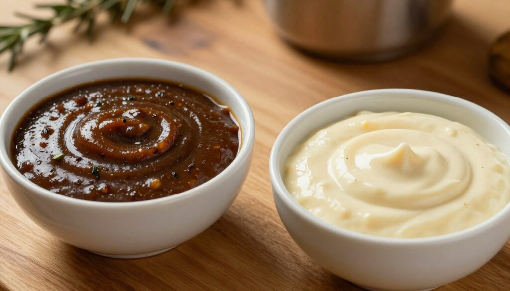 A close-up view of two types of gravy sauces served in elegant, small bowls on a wooden kitchen countertop. On the left, a rich, dark gravy, glossy and thick, with visible flecks of herbs, showcasing a deep brown tone that conveys depth and flavor. On the right, a lighter, creamy gravy with a velvety texture, shining in a pale golden hue, suggesting a lighter, more delicate flavor. The background features hints of rustic kitchenware and herbs, subtly blurred to emphasize the sauces in the foreground. Soft, warm lighting creates a cozy atmosphere, highlighting the glossiness of the gravies. The overall mood is inviting and homely, perfect for a cooking article illustration.