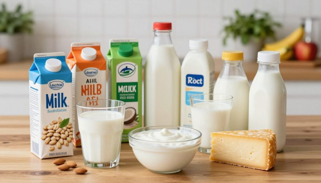 A colorful and informative display of various milk substitutes arranged artistically on a wooden table. In the foreground, showcase a glass of creamy almond milk next to a bowl of vibrant coconut yogurt, and a slice of rich cashew cheese. In the middle, include an assortment of colorful plant-based milk cartons—oat, soy, and rice milk—displayed attractively. The background features a soft-focus kitchen environment with fresh herbs and fruits to evoke a healthy lifestyle. Utilize natural lighting to create a warm and inviting atmosphere, capturing the essence of plant-based nutrition. The overall mood should be uplifting and educational, illustrating a transition to dairy alternatives in daily eating habits while maintaining a clean and professional aesthetic.