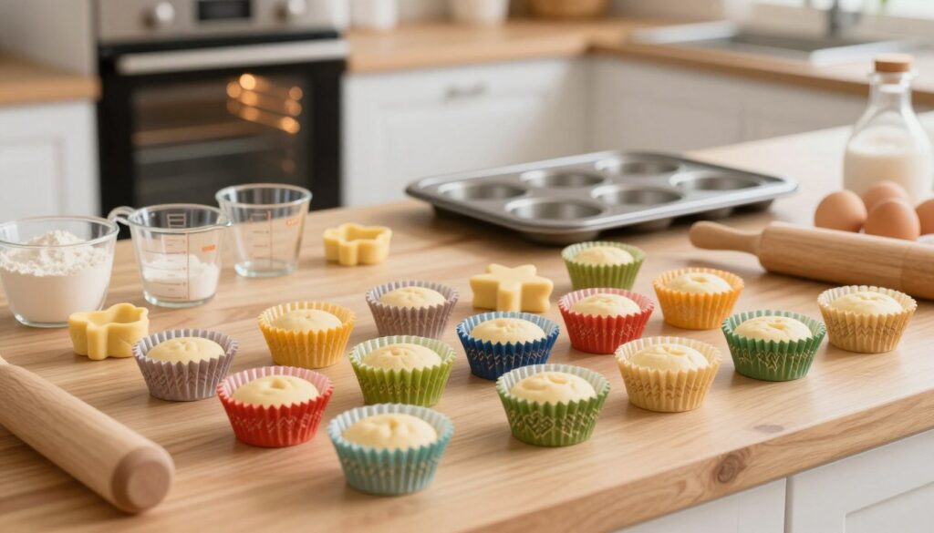 A cozy baking scene featuring colorful **papilotki** in a variety of shapes and sizes, arranged neatly on a bright, wooden countertop. In the foreground, focus on detailed, decorative muffin liners showcasing intricate patterns, filled halfway with a light, fluffy batter. In the middle ground, show a baking tray ready for the oven, surrounded by measuring cups and ingredients like flour and eggs, emphasizing a charming kitchen atmosphere. The background includes an oven with a soft glow emanating from its window, indicating warmth and readiness. Soft, diffused lighting enhances the inviting mood, creating a sense of homely comfort. The composition should highlight the importance of uniformity in baking, emphasizing careful preparation and technique.