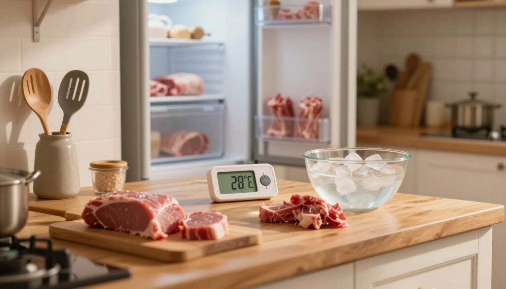A cozy indoor kitchen scene depicting a warm and inviting atmosphere, emphasizing a room temperature of around 20°C (68°F). The foreground features a wooden countertop with various cuts of meat placed on it, illustrating safe thawing practices. In the middle, a digital thermometer reads room temperature, surrounded by kitchen utensils and an attractive bowl of ice water hinting at alternative thawing methods. The background shows a refrigerator with the door slightly ajar, emphasizing proper food storage. Soft, natural lighting floods the room, casting gentle shadows and creating a welcoming mood. The angle captures the entire scene, drawing viewers into a safe and homey space for food preparation without any human presence. The overall ambiance evokes safety and warmth, suitable for a kitchen focused on meat thawing guidelines.