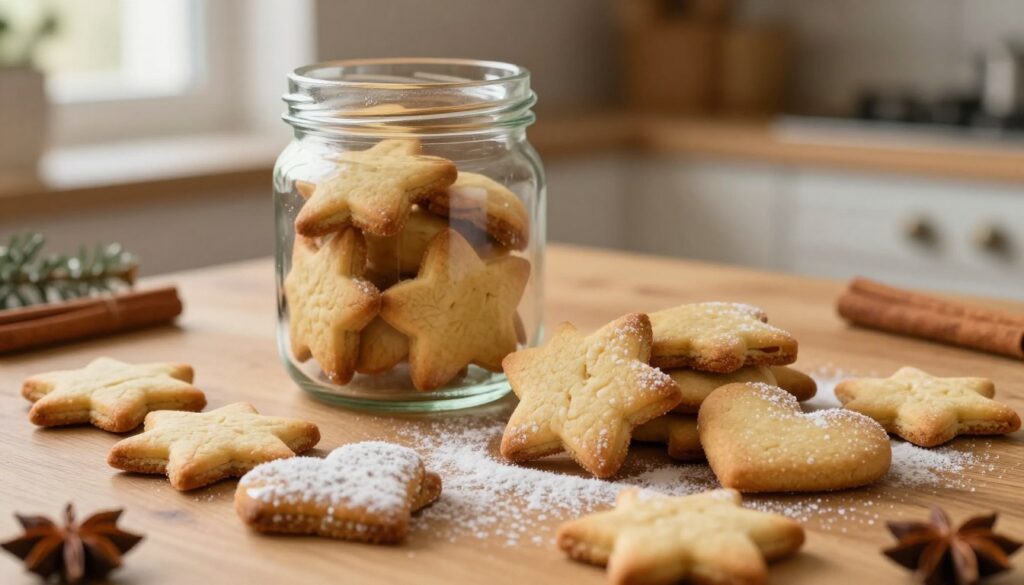 A cozy kitchen scene featuring a freshly baked batch of gingerbread cookies placed on a wooden table. The cookies, shaped like stars and hearts, are soft and slightly glistening, suggesting their tenderness and warmth. In the foreground, there are a few cookies, delicately dusted with powdered sugar, highlighting their inviting texture. In the middle, a clear glass jar is filled with cookies, showcasing a few slightly cracked but soft ones, emphasizing the theme of preserving softness. The background includes warm, ambient lighting from a nearby window, casting gentle shadows and creating a homely atmosphere. A hint of festive decorations like cinnamon sticks and star anise can be seen, enhancing the seasonal feel without overwhelming the focus on the cookies. The overall mood is inviting and warm, with an emphasis on comfort and sweetness.
