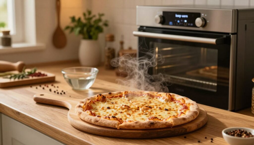 A cozy kitchen scene featuring a modern oven with the "keep warm" setting illuminated. In the foreground, a golden brown pizza is on a wooden pizza peel, slightly steaming, showcasing its crisp crust and melted cheese enticingly. The middle ground includes a countertop with spices and a small bowl of water, hinting at a steaming technique for maintaining pizza temperature. The background displays a warm-lit kitchen with herbs and utensils hanging, creating an inviting atmosphere. Soft, warm lighting highlights the pizza's textures and complements the rustic kitchen decor. The overall mood is homey, emphasizing comfort and culinary warmth, perfect for enjoying a slice of delicious pizza.