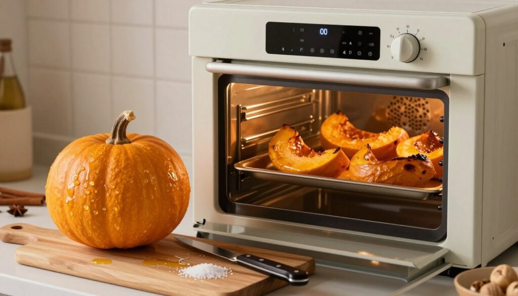 A cozy kitchen scene featuring a modern oven with the temperature dial set to 200°C (392°F). In the foreground, an elegant, cut Hokkaido pumpkin sits on a wooden cutting board with a knife beside it, glistening from a light coating of oil and sea salt. The oven door is slightly ajar, revealing the golden, caramelized pumpkin inside, browning to perfection. Soft, warm lighting bathes the scene, creating a comforting atmosphere. In the background, roasty spices like cinnamon and nutmeg can be seen on the countertop, hinting at a delicious preparation process. The composition captures a sense of warmth and inviting home cooking, focusing on the oven's settings and the delicious results of baking pumpkin.