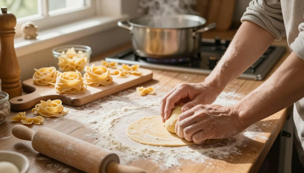 A cozy kitchen scene featuring a rustic wooden table filled with fresh ingredients for homemade pasta. In the foreground, a pair of hands skillfully knead dough, showcasing the texture and warmth of the ingredients. Flour dust lightly scatters across the counter, with a rolling pin and a freshly rolled sheet of pasta nearby. In the middle ground, a wooden cutting board displays various pasta shapes, such as tagliatelle and farfalle, while a pot of boiling water simmers on the stove. The background includes warm, natural light streaming through a window, casting soft shadows and creating an inviting atmosphere. The overall mood is homey and artisanal, capturing the essence of traditional pasta-making without any machinery.