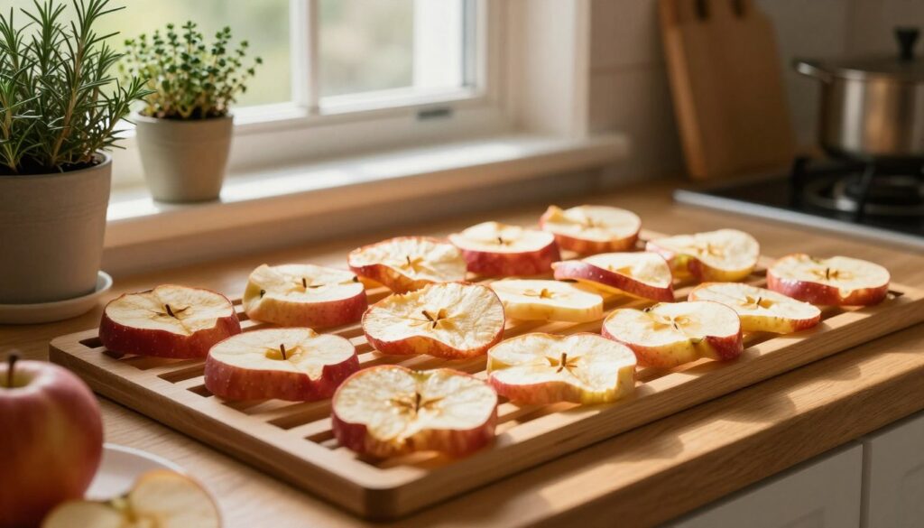 A cozy kitchen scene featuring a wooden countertop filled with freshly sliced apple rings, arranged in a decorative manner for drying. In the foreground, a traditional wooden drying rack holds several slices of apples, showcasing their vibrant colors, from deep red to light yellow. In the middle ground, a window lets in warm, natural light, illuminating the apples and creating a welcoming atmosphere. You can see pots of herbs, such as rosemary and thyme, adding a touch of greenery. The background includes subtle hints of kitchen appliances and utensils, suggesting an organized home environment. The overall mood is warm and inviting, emphasizing a healthy, homemade approach to drying apples without the 'chips' effect. The lighting is soft and warm, enhancing the rich colors and textures of the apples.