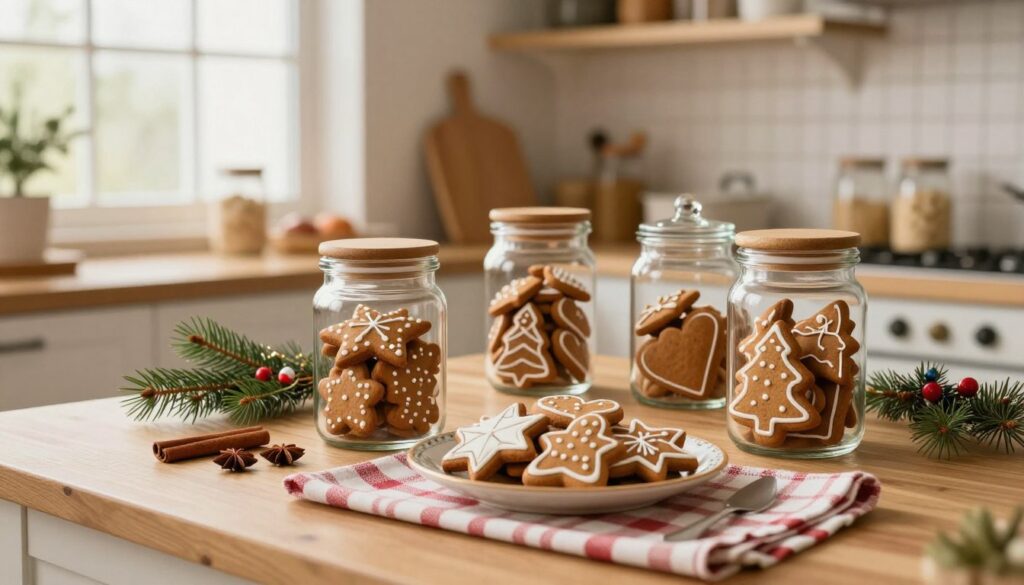 A cozy kitchen scene featuring beautifully arranged gingerbread cookies in various festive shapes, such as stars, hearts, and trees. The cookies are stored in charming, clear glass jars with wooden lids, and some are placed on a decorative plate. The foreground has a wooden kitchen table adorned with a checkered cloth. In the middle, gently lit by warm, soft lighting from a nearby window, there are sprigs of evergreen and colorful spices like cinnamon and anise scattered around. The background shows shelves lined with baking ingredients and holiday decorations, creating a cheerful and inviting atmosphere. The image conveys warmth, comfort, and the joy of holiday baking, inviting the viewer to imagine the soft, spiced aroma of gingerbread.