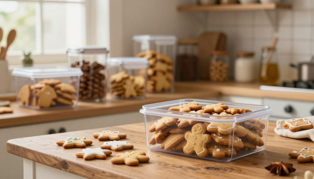A cozy kitchen scene featuring beautifully decorated gingerbread cookies on a rustic wooden table. In the foreground, a transparent container filled with soft gingerbread cookies, illustrating the ideal storage method to maintain freshness. On the middle shelf, a variety of airtight containers showcase different shapes and sizes for preserving cookies. The background features shelves lined with spices and baking supplies, softly illuminated by warm, natural light filtering through a nearby window. A feeling of home and warmth permeates the atmosphere, emphasizing care and tradition in baking. The overall composition should evoke a sense of comfort and culinary delight, perfect for conveying how to store gingerbread cookies effectively.