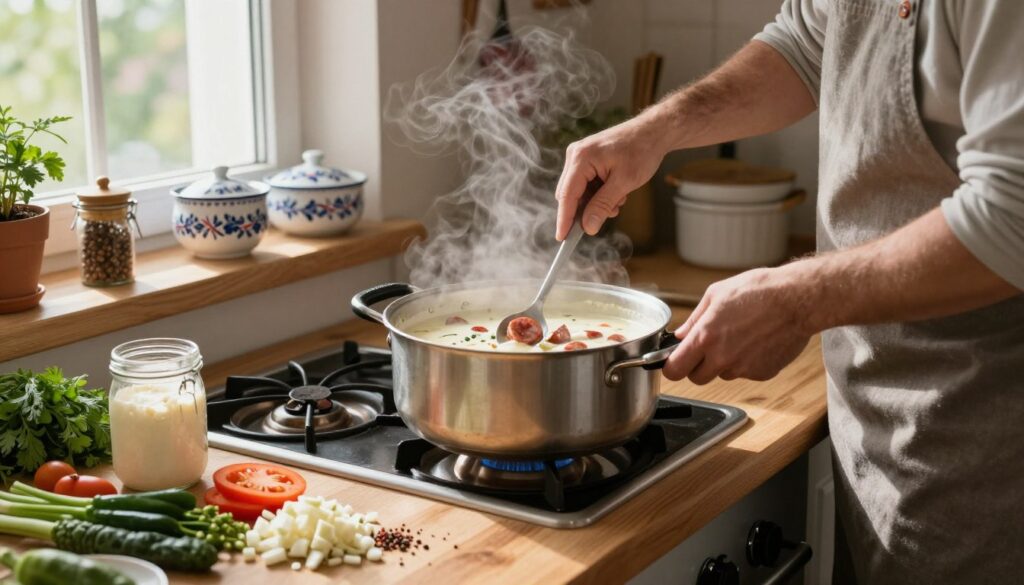 A cozy kitchen scene focused on preparing "barszcz biały," featuring a large pot simmering on the stove filled with creamy white soup, pieces of sausage, and spices. In the foreground, a wooden countertop is adorned with fresh ingredients like chopped vegetables, herbs, and a jar of homemade sourdough starter. A chef in modest casual clothing is attentively stirring the pot, with steam gently rising, creating a warm and inviting atmosphere. The kitchen is filled with natural light coming through a window, illuminating the vibrant colors of the ingredients and casting soft shadows. In the background, traditional Polish kitchenware is displayed, accentuating the cultural context. The mood is relaxed and homey, inviting viewers into the art of cooking.