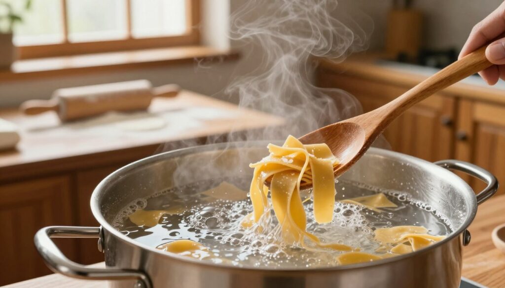 A cozy kitchen scene focused on the process of cooking homemade pasta. In the foreground, a large pot of boiling water with fresh, uncooked pasta being gently submerged using a wooden spoon. The fluidity of the water creates dynamic bubbles around the pasta. In the middle ground, a wooden countertop displaying a pile of flour and a rolling pin, hinting at the pasta-making process. A window in the background lets in warm, natural light, highlighting the rustic wooden cabinets. The atmosphere feels warm and inviting, ideal for a homely kitchen. Capture the details of steam rising from the pot, and a slight shimmer on the water’s surface. The overall mood should evoke comfort and culinary creativity.
