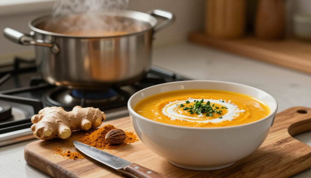 A cozy kitchen scene showcasing a vibrant bowl of creamy pumpkin soup, topped with a sprinkle of finely chopped herbs and a swirl of coconut cream. In the foreground, an array of spices essential for enhancing the pumpkin flavor—ginger root, curry powder, and nutmeg—are artfully arranged on a wooden cutting board next to a rustic knife. The warm, golden hue of the soup contrasts beautifully with the earthy tones of the spices. In the middle ground, a steaming pot simmers on a stove with soft, diffused lighting illuminating the rich textures of the ingredients. In the background, blurred images of warm, inviting kitchen decor create a homey atmosphere. The image evokes a sense of warmth and comfort, perfect for celebrating the flavors of pumpkin soup without overpowering its natural sweetness.