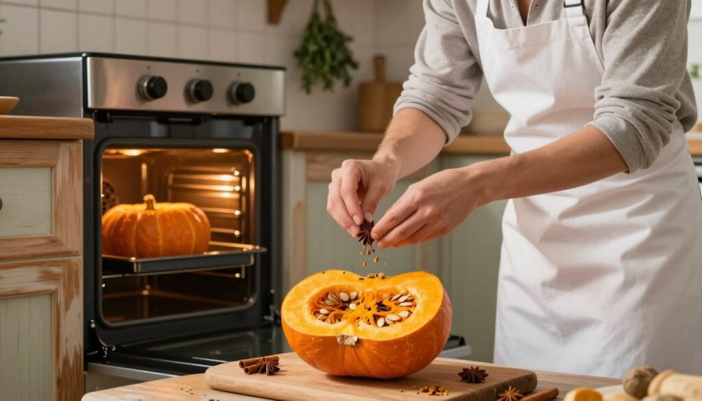 A cozy kitchen scene showcasing the process of baking a pumpkin in the oven. In the foreground, a bright orange pumpkin is halved, revealing its seeds and vibrant flesh, resting on a wooden cutting board. A chef, dressed in a white apron and modest casual clothing, carefully seasons the pumpkin with spices like cinnamon and nutmeg. In the middle ground, an oven door is opened, revealing a warm and golden-hued pumpkin baking inside. The background features a softly lit kitchen with rustic wooden cabinets and herbs hanging from the walls, creating a warm, inviting atmosphere. The lighting is warm and natural, highlighting the textures of the pumpkin and the chef's focused expression. Capture a sense of homely warmth and culinary creativity.