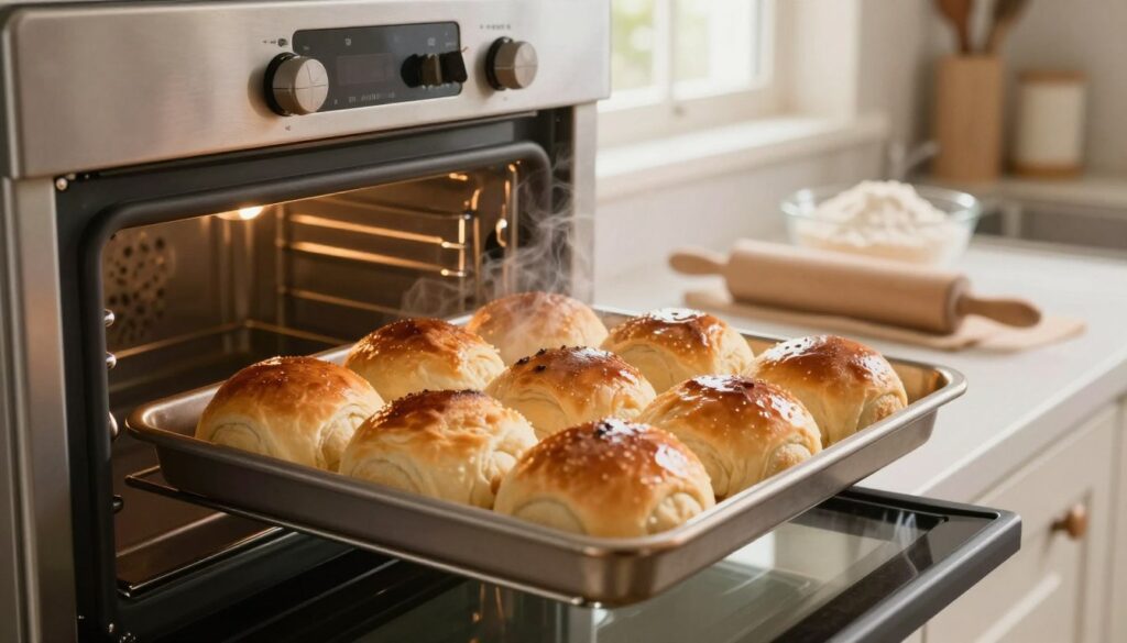 A cozy kitchen scene with a modern oven in the foreground, displaying a tray of freshly reheated rolls. The rolls should have a golden-brown crust, glistening with a hint of steam rising above them, symbolizing warmth and freshness. Surrounding the oven, subtle kitchen elements like a bowl of flour and a rolling pin can be seen in the middle ground, capturing the essence of baking. In the background, soft natural light filters through a window, casting a warm glow and enhancing the inviting atmosphere. The overall mood should convey a sense of homely comfort and culinary expertise. The angle should be slightly elevated, focusing on the oven and the delicious rolls, inviting viewers to want to learn more about refreshing baked goods.