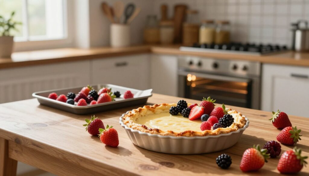 A cozy kitchen setting during the baking process, featuring a wooden table laden with vibrant fruits that are commonly known to release moisture when baked, such as strawberries, raspberries, and blackberries. In the foreground, an elegant pie dish holds a partially completed cheesecake mixture, with some fresh fruits placed artistically around it. The middle ground showcases a baking tray with an oven emitting a warm glow, hinting at something delicious cooking inside. Soft, natural lighting filters through a nearby window, casting gentle shadows and enhancing the fresh, inviting atmosphere. In the background, shelves filled with baking utensils and jars of ingredients create a homely vibe, evoking a sense of warmth and comfort associated with home baking.
