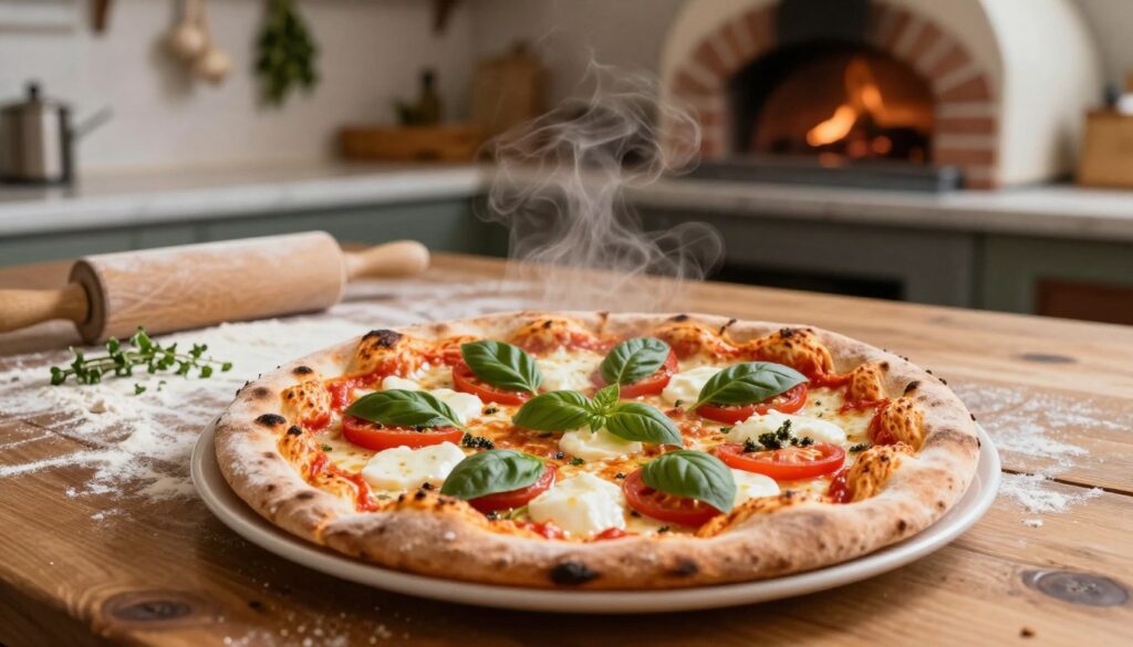 A delicious Italian pizza, perfectly baked with a thin, crispy crust, revealing a vibrant topping of fresh tomatoes, mozzarella cheese, and basil leaves. In the foreground, the pizza is presented on a rustic wooden table, with steam rising gently from its surface. The middle ground features a marbled countertop scattered with flour, a rolling pin, and a sprinkling of fresh herbs, evoking the art of pizza-making. The background is softly blurred, showcasing a cozy Italian kitchen with warm lighting, hanging garlic and herbs, and a brick oven glowing softly. The image has a inviting, warm atmosphere, emphasizing the rustic charm and rich flavors of traditional Italian cuisine. Captured from a close-up angle with soft natural lighting, ensuring all textures and colors are vividly portrayed.
