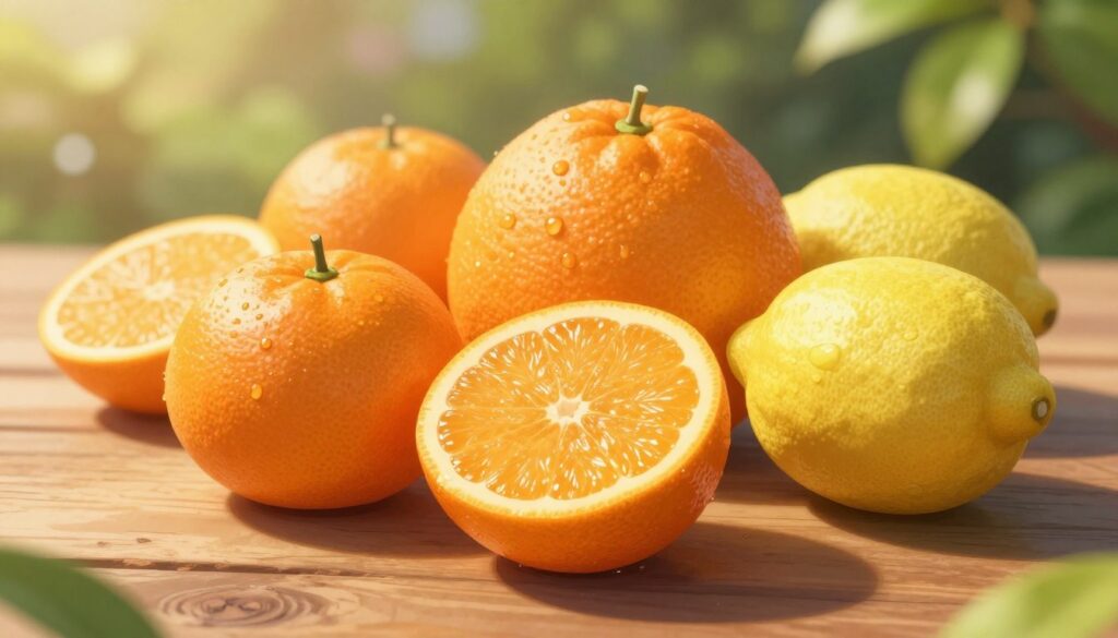 A detailed and informative illustration depicting various citrus fruits, such as mandarins, oranges, and lemons, arranged on a wooden table. The foreground features a vibrant mandarin half, showcasing its juicy interior, with small details like glistening juice droplets. In the middle ground, whole citrus fruits are artfully displayed, highlighting their textures and vivid colors. The background is softly blurred, hinting at a natural outdoor setting with lush greenery, suggesting a fresh and healthy atmosphere. The lighting is warm and inviting, emulating golden hour sunlight that adds depth and richness to the scene. The overall mood conveys a sense of freshness, vitality, and the essence of health consciousness while subtly hinting at caution with citrus consumption.
