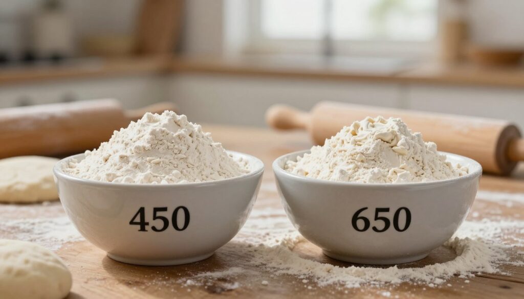 A detailed, close-up view of two bowls of flour labeled "450" and "650", placed on a rustic wooden table. The bowl of 450 flour has a slightly lighter, finer texture, while the 650 flour is coarser and creamier. Surrounding the bowls, sprinkle some raw pizza dough in various stages of preparation: kneaded dough, rolling pin, and a dusting of flour on the table. In the background, softly blurred, showcase a subtle kitchen setting with soft natural light filtering through a window, creating a warm and inviting atmosphere. The focus is sharp on the flour and the dough, emphasizing the textures and colors, with a depth of field that adds professionalism and an engaging aesthetic to the culinary theme.