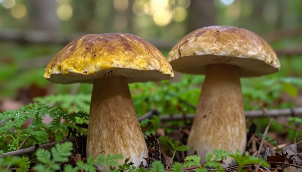 A detailed comparison of porcini mushrooms, focusing on the differences between their caps and stems. In the foreground, feature a stunningly detailed, freshly picked Boletus satanas (Devil's bolete) mushroom, highlighting its distinctive cap with a velvety texture in rich yellow and brown hues. Next to it, showcase a similarly sized edible bolete, like Boletus edulis (porcini), emphasizing its smoother, lighter cap. The middle ground should include lush green foliage and forest underbrush, creating a natural setting that underscores the mushrooms' habitats. The background should be a soft-focus, sun-dappled forest scene, with warm, diffused lighting enhancing the earthy colors. Use a macro lens perspective to capture intricate details of the mushroom textures, evoking a sense of authentic foraging adventure.