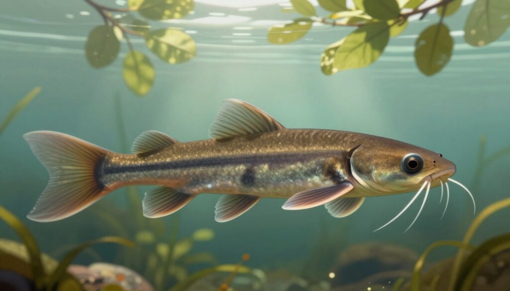 A detailed illustration of a piskorz (eel-like fish), showcasing its distinctive features for identification, set against a serene aquatic environment. In the foreground, the piskorz is swimming gracefully, its elongated, smooth body glistening in the water. Highlight its fine, delicate whiskers and sweeping fins, capturing the subtle texture of its skin with realistic detail. In the middle ground, hints of underwater vegetation add a touch of color and depth, while the background features a tranquil water surface reflecting soft, natural light filtering through leafy overhanging branches. Use a symmetrical composition and a slightly elevated angle to emphasize the piskorz's unique characteristics. Create a calm and educational atmosphere that invites observation and curiosity, ensuring the image is clear and focused.