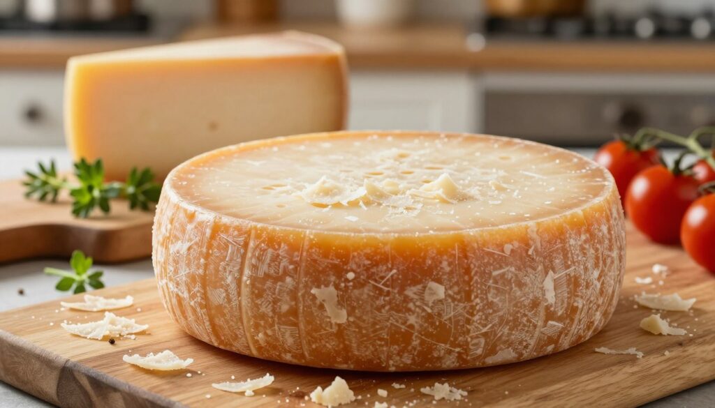 A finely aged wheel of Parmesan cheese, with a rich golden-brown crust, prominently displayed in the foreground. Surrounding the cheese, delicate shavings of Parmesan glisten, reflecting soft, natural lighting that enhances their texture. In the middle ground, a rustic wooden cutting board is adorned with sprigs of fresh herbs, and cherry tomatoes, complementing the cheese's bold flavor. The background features a softly blurred kitchen setting, incorporating warm, inviting colors to create a cozy atmosphere. The angle is slightly above eye level, showcasing the cheese's intricate patterns. The overall mood is wholesome and inviting, perfect for highlighting the sharp, nutty character of Parmesan cheese as a distinctive pizza topping. A finely aged wheel of Parmesan cheese, with a rich golden-brown crust, prominently displayed in the foreground. Surrounding the cheese, delicate shavings of Parmesan glisten, reflecting soft, natural lighting that enhances their texture. In the middle ground, a rustic wooden cutting board is adorned with sprigs of fresh herbs, and cherry tomatoes, complementing the cheese's bold flavor. The background features a softly blurred kitchen setting, incorporating warm, inviting colors to create a cozy atmosphere. The angle is slightly above eye level, showcasing the cheese's intricate patterns. The overall mood is wholesome and inviting, perfect for highlighting the sharp, nutty character of Parmesan cheese as a distinctive pizza topping.