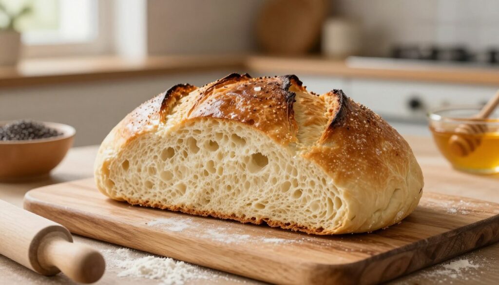 A freshly baked loaf of "ciasto drożdżowe" nestled on a rustic wooden countertop, its golden-brown crust glistening with a light sheen. The rich texture of the dough is accentuated, showing its fluffy, airy interior just waiting to be filled. In the foreground, there's a scattering of flour and a rolling pin, hinting at the preparation process. The middle ground features a few colorful ingredients—hints of poppy seeds and a bowl of honey—suggesting the traditional filling. The background includes a warm, softly lit kitchen setting, with a window allowing natural light to bathe the scene. The overall atmosphere evokes a cozy, inviting feel, perfect for showcasing the essential role of rich, moist dough in making a delightful makowiec.