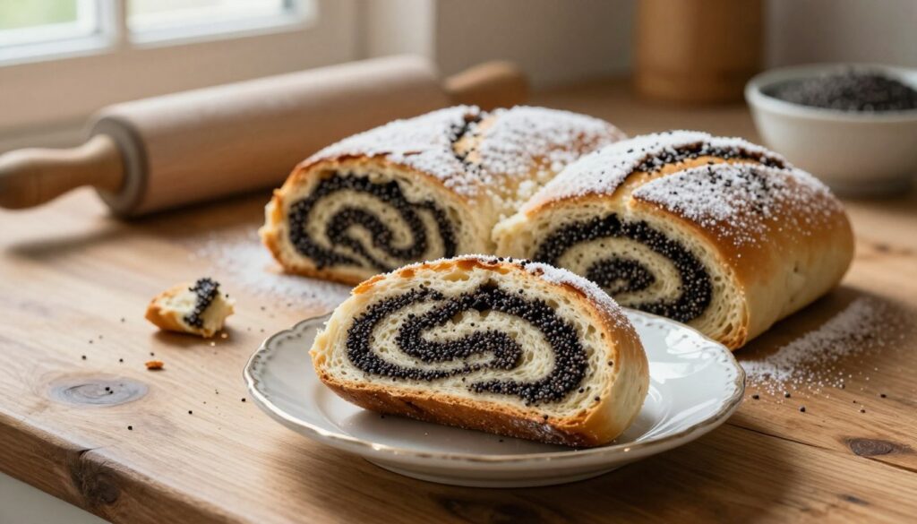 A freshly baked makowiec (poppy seed roll) cooling on a rustic wooden countertop, the rich, moist texture of the poppy seed filling visible through a light dusting of powdered sugar. In the foreground, a delicate slice is presented on a vintage porcelain plate, glistening with a slight sheen that suggests moisture. In the middle ground, a few crumbs scatter, hinting at its tender crumb structure. The background features soft, warm kitchen elements like an antique rolling pin and a bowl of poppy seeds, softly illuminated by natural light filtering in through a nearby window, creating an inviting, warm atmosphere. The scene captures the essence of patience in baking, emphasizing the importance of cooling to avoid cracking.