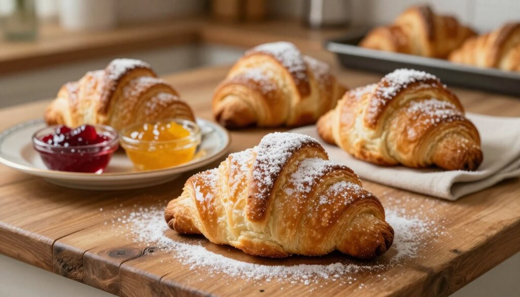 A freshly baked pączek, golden brown and fluffy, sits prominently in the foreground, showcasing its glossy sugar coating that glistens under soft, warm lighting. The pączek has a light dusting of powdered sugar, enhancing its inviting appearance. In the middle ground, a rustic wooden table displays a few more pączki arranged artfully alongside a vintage plate holding colorful fruit preserves, hinting at traditional fillings like raspberry and custard. The background features a cozy kitchen environment with a warm, inviting atmosphere—softly blurred baking tools and a tray of baked goods, creating a homely feel. The angle is slightly overhead, capturing the details of the pączki while emphasizing their enticing textures. The overall mood is celebratory and comforting, perfect for indulging during Fat Thursday and beyond.