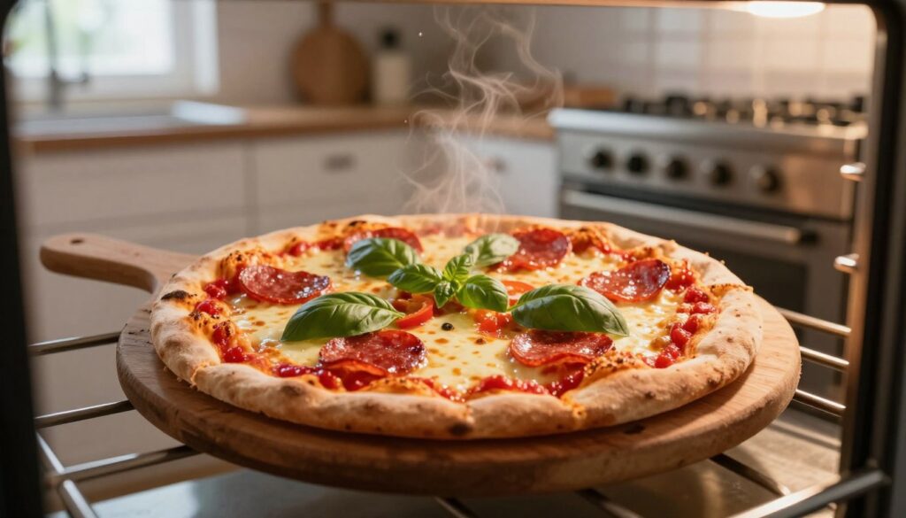 A freshly baked pizza on a wooden pizza peel, just removed from a home oven. The pizza is topped with melted mozzarella cheese, vibrant red tomato sauce, fresh basil leaves, and slices of pepperoni, all glistening in the warm oven light. In the background, a modern kitchen with a rustic charm is visible, featuring an oven set to high temperature, with heat waves slightly distorting the view. Soft, natural light filters through a nearby window, creating a cozy and inviting atmosphere. The focus is sharp on the pizza, showcasing the texture and toppings, while the background is slightly blurred to emphasize the deliciousness of the dish. The overall mood is warm and appetizing, perfect for illustrating pizza-making at home.