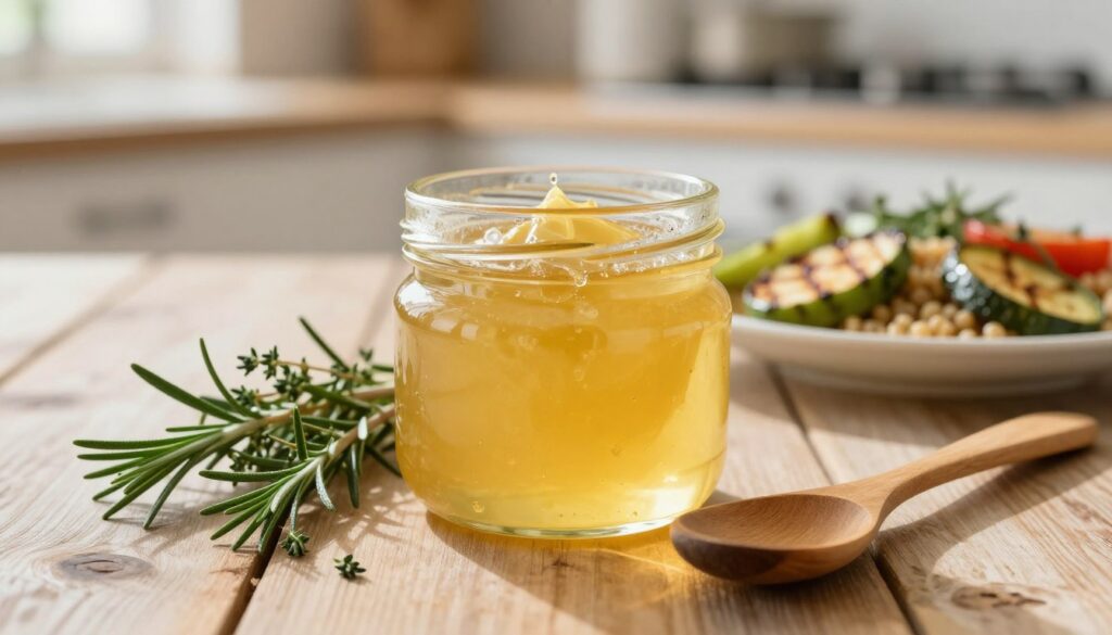 A jar of clarified butter (masło klarowane) sits elegantly on a rustic wooden table, surrounded by fresh herbs like rosemary and thyme. In the foreground, a wooden spoon rests beside the jar, highlighting its smooth, golden texture. The middle ground features a soft-focus view of a healthy meal, such as grilled vegetables and whole grains, suggesting the dietary benefits of clarified butter. The background is softly blurred, showcasing a bright kitchen with sunlight streaming in, creating a warm, inviting atmosphere. The lighting is natural and soft, emphasizing the rich golden hues of the butter. The overall mood is healthy and vibrant, perfect for illustrating dietary choices.