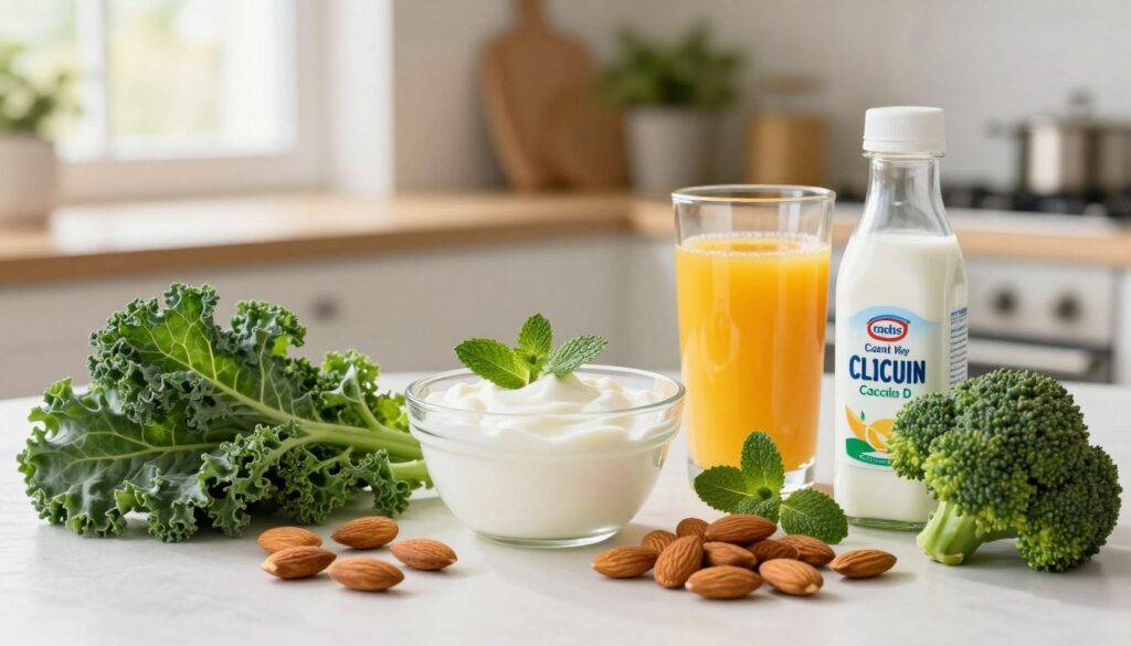 A meticulously arranged table showcasing a variety of calcium-rich foods as the foreground. Include kale, almonds, broccoli, and fortified plant-based milk in bright, inviting colors to emphasize health and nutrition. The middle ground features a small dish of yogurt with sprigs of mint nearby and a glass of orange juice, symbolizing vitamin D. In the background, a softly lit kitchen setting with natural sunlight filtering through a window, highlighting a cozy atmosphere. Use warm, vibrant lighting to create an uplifting mood, capturing the importance of calcium absorption with supporting nutrients. The composition should focus on organic textures and vibrant colors, reflecting a wholesome and nutritious lifestyle.