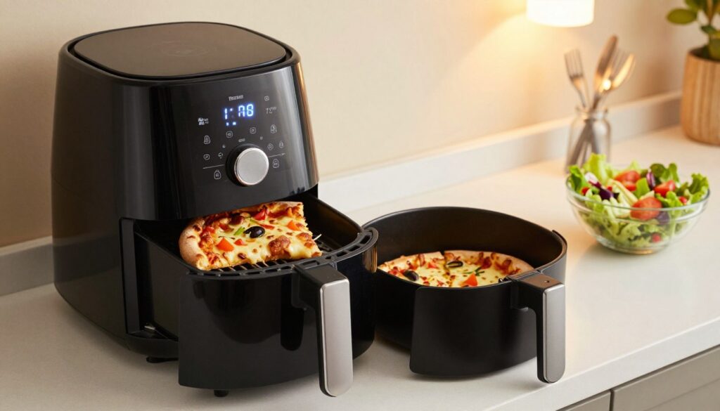 A modern air fryer on a sleek kitchen countertop, filled with a perfectly re-heated slice of pizza showcasing a crispy crust, melted cheese, and vibrant toppings. In the foreground, the air fryer's display panel is illuminated, indicating the cooking time. In the middle, there are subtle hints of kitchen utensils and a colorful, fresh salad to convey a healthy lifestyle. The background features soft, warm lighting from an overhead lamp, enhancing the inviting kitchen atmosphere. The scene is captured from a slightly elevated angle, showcasing both the air fryer and the tantalizing pizza slice. The mood is cozy and appetizing, emphasizing the convenience and crispiness of reheating pizza in an air fryer.