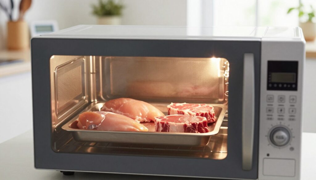 A modern kitchen scene featuring a microwave oven in the foreground, with a close-up of a defrosting tray inside the microwave holding various types of meat like chicken breast and steaks. The microwave's interior is illuminated softly by the appliance's light, highlighting the raw textures of the meat. In the middle background, a sleek countertop is adorned with cooking utensils and a digital thermometer, suggesting temperature control. Bright, natural light streams through a window, enhancing the clean and professional feel of the kitchen. The atmosphere is warm and inviting, emphasizing the importance of safe food handling while defrosting. The overall composition is balanced, with a focus on the microwave and defrosting process.