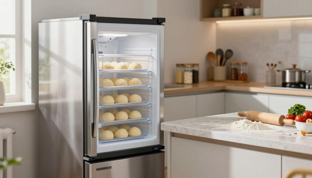 A modern kitchen scene featuring a sleek, stainless steel freezer, prominently displayed at the forefront. The freezer door is slightly ajar, revealing neatly stacked containers of pizza dough balls, illustrating the proper method of freezing. In the middle ground, a kitchen countertop showcases flour, a rolling pin, and fresh ingredients, evoking a sense of preparation for pizza-making. The background includes softly lit shelves filled with spices and kitchen utensils, enhancing the homey atmosphere. Natural lighting streams through a nearby window, casting gentle shadows and highlighting the textures of the dough and surfaces. The overall mood is inviting, practical, and informative, suitable for a culinary article on freezing pizza dough.