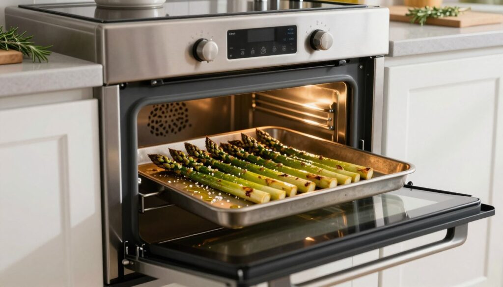 A modern kitchen scene featuring a sleek, stainless steel oven at the center, with the door slightly open, revealing perfectly roasted asparagus spears inside. The asparagus is glistening with olive oil and sprinkled with sea salt, showcasing its vibrant green hue against the warm, golden-brown roasting. The countertop is adorned with a cutting board and fresh herbs like rosemary and thyme, hinting at seasoning options. In the background, soft natural light streams in through a window, illuminating the kitchen and creating a warm and inviting atmosphere. The focus is sharp on the asparagus and oven, while the background has a gentle bokeh effect, adding depth. Overall, the image conveys a sense of warmth, culinary expertise, and the anticipation of enjoying a delicious dish.