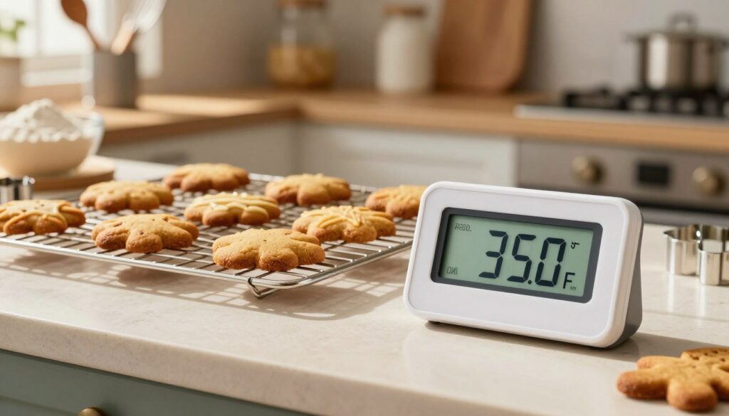 A modern kitchen scene focused on an oven displaying the optimal baking temperature for gingerbread. In the foreground, a digital thermometer shows a precise reading of 350°F, emphasizing temperature accuracy. The middle ground features freshly baked gingerbread cookies, perfectly golden and aromatic, arranged on a cooling rack, showcasing their delectable textures. The background includes a sunlit kitchen with warm lighting, highlighting an array of baking utensils and ingredients such as flour, spices, and cookie cutters. Soft shadows cast by the overhead lights enhance the inviting atmosphere. The image conveys a sense of warmth and coziness, inviting viewers into the festive spirit of baking, with a focus on the importance of temperature settings for perfect results.
