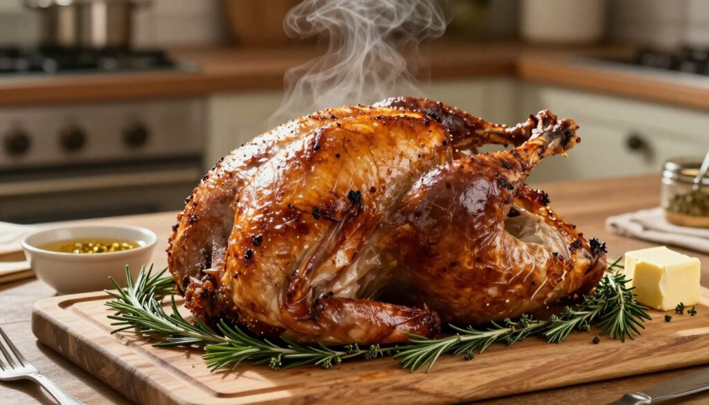 A perfectly roasted turkey displayed beautifully on a wooden cutting board, surrounded by fresh herbs like rosemary and thyme. The turkey is golden-brown and glistening, showcasing crispy skin, with visible steam rising to imply its juiciness. Nearby, a small bowl of seasoned brine can be seen, alongside a stick of butter ready to be slathered under the skin. Soft, natural lighting illuminates the scene, casting gentle shadows and enhancing the rich colors of the turkey and herbs. The background features a rustic kitchen setting with warm tones, vintage utensils, and a hint of an oven in the distance, evoking a cozy, inviting atmosphere that emphasizes the appeal of a succulent roast.