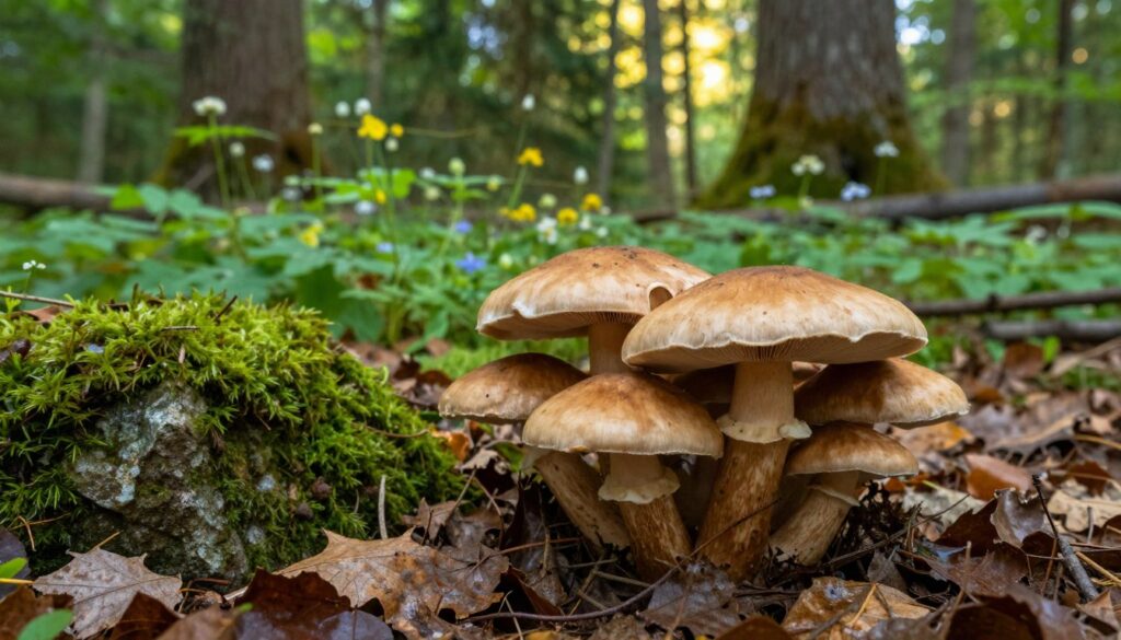 A picturesque scene in a lush, green forest in Poland, showcasing a cluster of edible "piaskowiec modrzak" mushrooms growing among fallen leaves and moss-covered stones. In the foreground, the mushrooms are large and prominent, displaying their distinctive features: a tan to light brown cap with subtle textures. The middle ground features various shades of green foliage and scattered wildflowers, while the background shows tall trees filtering soft, dappled sunlight through their branches. The warm light creates a serene and inviting atmosphere, emphasizing the beauty of nature. The image is captured from a slightly low angle, giving a sense of depth and focusing on the mushrooms against the natural surroundings. No people are present in the scene.