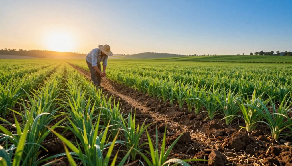 A picturesque scene of a farmer planting oats in a lush green field, with the sun rising in the background, casting a warm golden light over the landscape. In the foreground, show vibrant freshly tilled soil being scattered with oat seeds, while the farmer, wearing a light checkered shirt and a straw hat, carefully sows them. The middle ground reveals rows of young, sprouting oat plants emerging from the earth, their leaves glistening with morning dew. In the background, a serene countryside stretches out with gentle rolling hills and a clear blue sky. The overall mood is tranquil and hopeful, evoking the promise of growth and renewal. Use a wide-angle lens to capture the expanse of the field and enhance the inviting atmosphere of this agricultural setting.