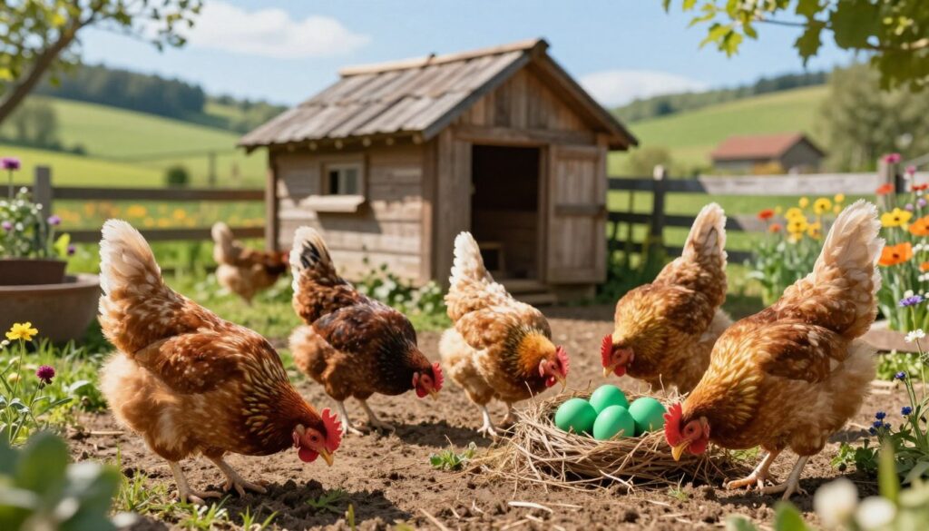 A picturesque scene showcasing a variety of chicken breeds known for laying green eggs, set in a bright, sunlit farmyard. In the foreground, several colorful chickens, including Araucanas and Olive Eggers, are scratching the ground and pecking at the soil, their feathers glistening with sunlight. Nestled among them are vivid green eggs nestled in a rustic nesting box, highlighting their unique color. In the middle ground, a traditional wooden coop with a weathered roof adds charm to the setting, surrounded by lush greenery and colorful wildflowers. The background features rolling hills and a clear blue sky, creating a peaceful, pastoral atmosphere. The lighting enhances the natural colors, casting soft shadows that add depth to the scene.