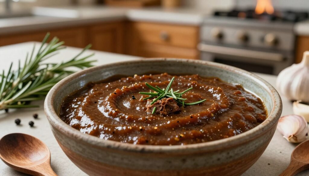 A rich, aromatic sauce for wild boar, displayed in a rustic ceramic bowl. The sauce is thick and glossy, showcasing deep brown hues with finely minced herbs sprinkled on top. In the foreground, a wooden spoon rests beside the bowl, hinting at the sauce's smooth texture. In the middle ground, there are scattered ingredients—fresh rosemary sprigs, black peppercorns, and garlic cloves, evoking the preparation process. The background features a softly lit kitchen scene with wooden cabinets and a hint of flames from a stove, creating a warm, inviting atmosphere. Soft natural light illuminates the sauce, emphasizing its sheen and richness, making it the focal point of the image. The overall mood is cozy and culinary, celebrating the art of preparing a perfect wild boar sauce.